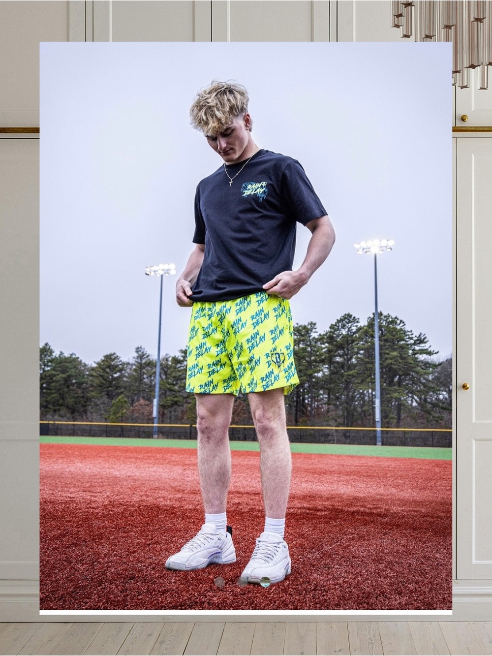 Baseball Lifestyle 101 Rain Delay Mesh Shorts Neon Yellow Blue Size Medium